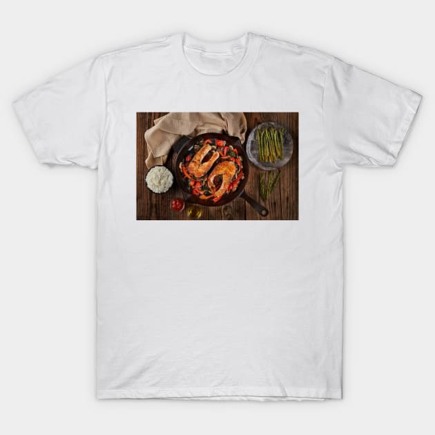 Salmon with vegetables cooked in a cast iron skillet T-Shirt by naturalis